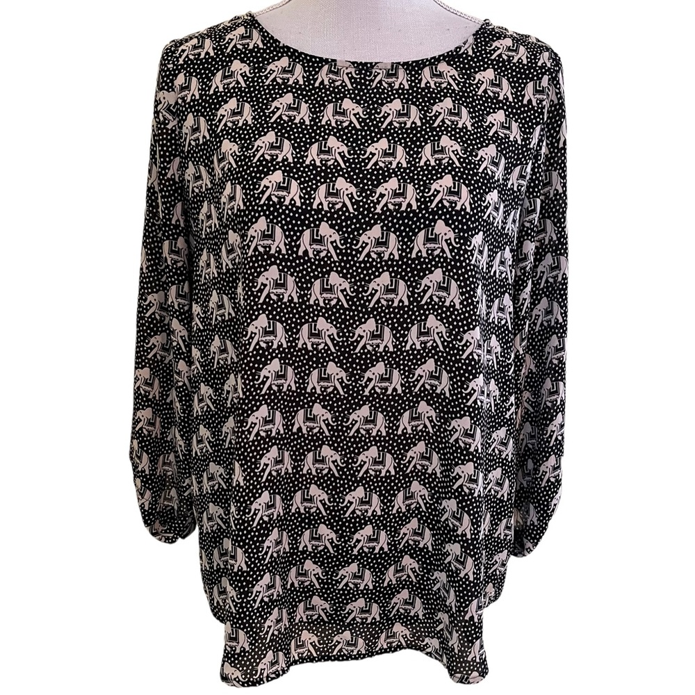 Stitch Fix Black and Cream Pixley Elephant Print Blouse M